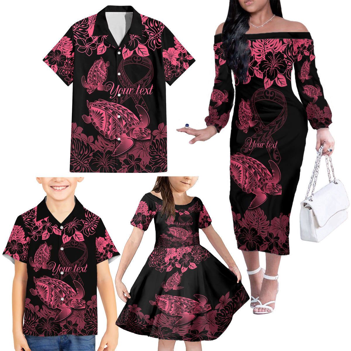 Personalised Polynesian Turtle Ribbon Family Matching Off Shoulder Long Sleeve Dress and Hawaiian Shirt Think Pink Breast Cancer With Pacific Hibiscus - Wonder Print Shop