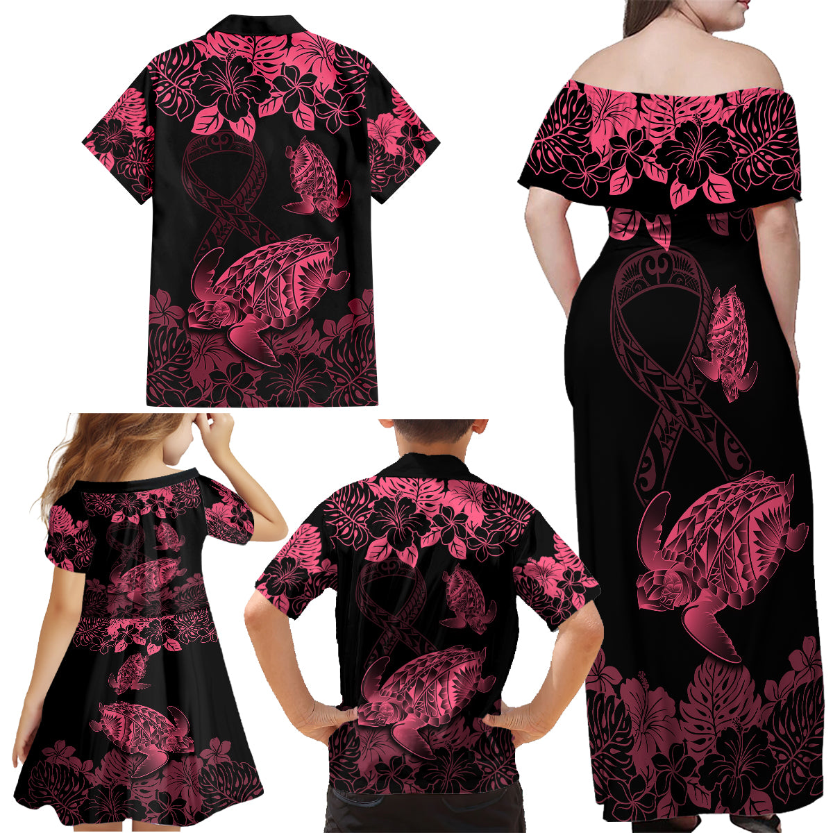 Personalised Polynesian Turtle Ribbon Family Matching Off Shoulder Long Sleeve Dress and Hawaiian Shirt Think Pink Breast Cancer With Pacific Hibiscus - Wonder Print Shop