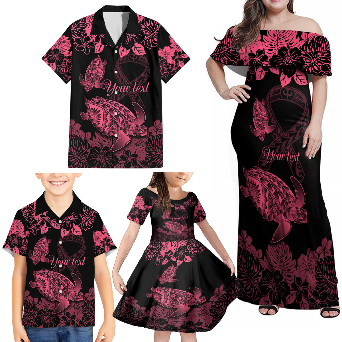 Personalised Polynesian Turtle Ribbon Family Matching Off Shoulder Maxi Dress and Hawaiian Shirt Think Pink Breast Cancer With Pacific Hibiscus LT9 - Wonder Print Shop