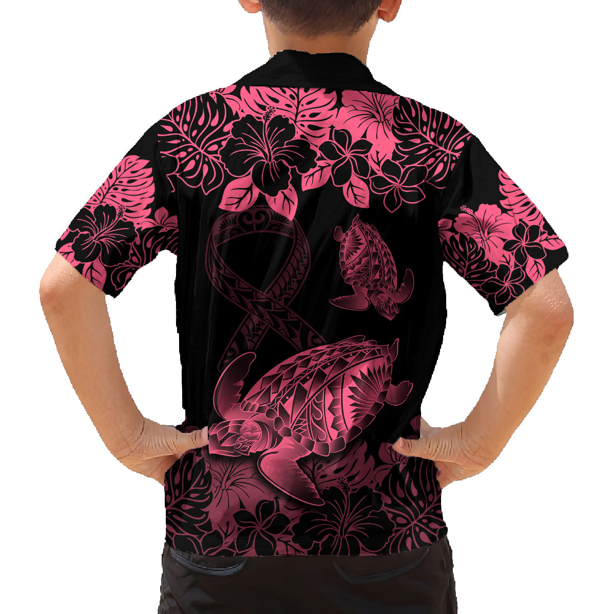 Personalised Polynesian Turtle Ribbon Family Matching Off Shoulder Short Dress and Hawaiian Shirt Think Pink Breast Cancer With Pacific Hibiscus LT9 - Wonder Print Shop