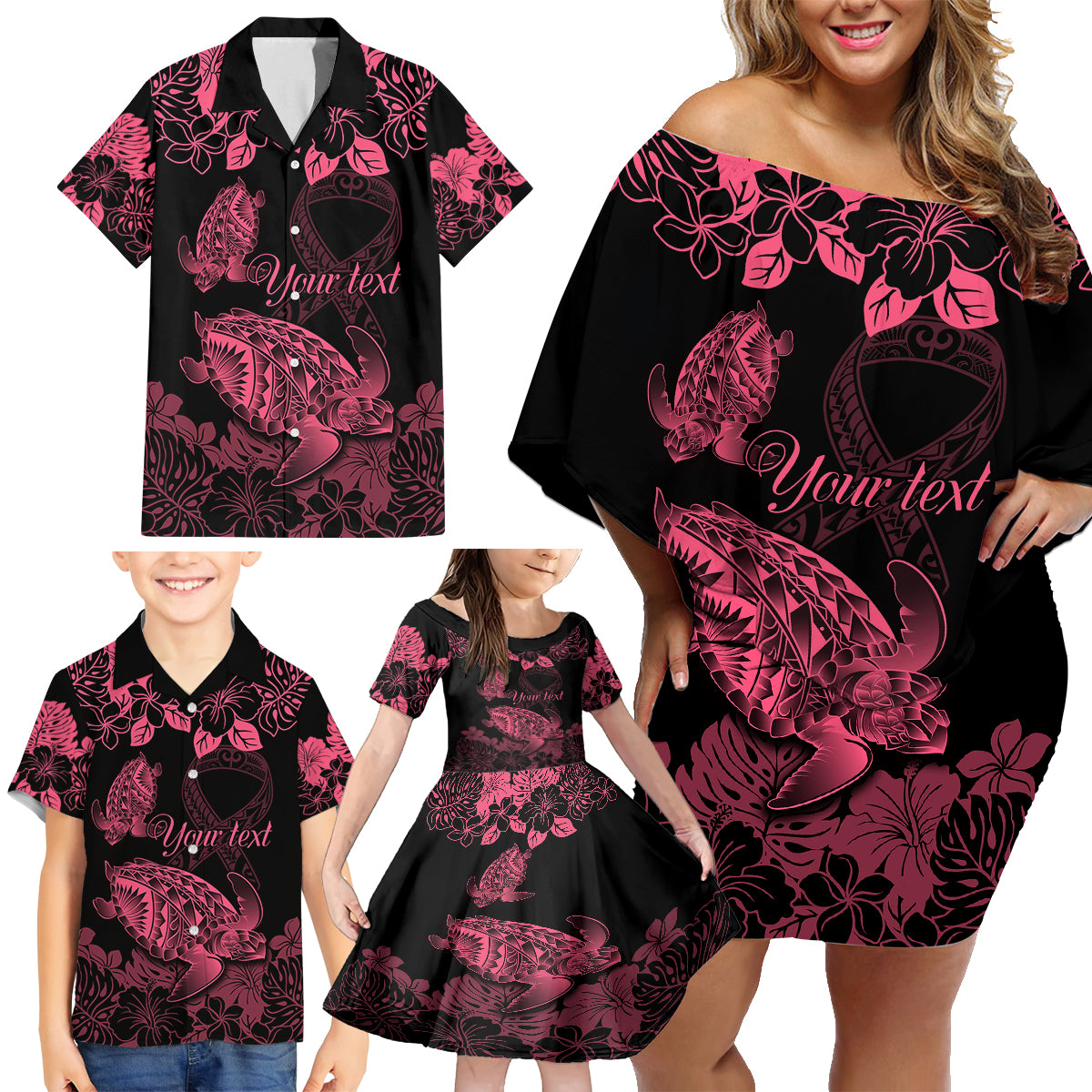Personalised Polynesian Turtle Ribbon Family Matching Off Shoulder Short Dress and Hawaiian Shirt Think Pink Breast Cancer With Pacific Hibiscus LT9 - Wonder Print Shop