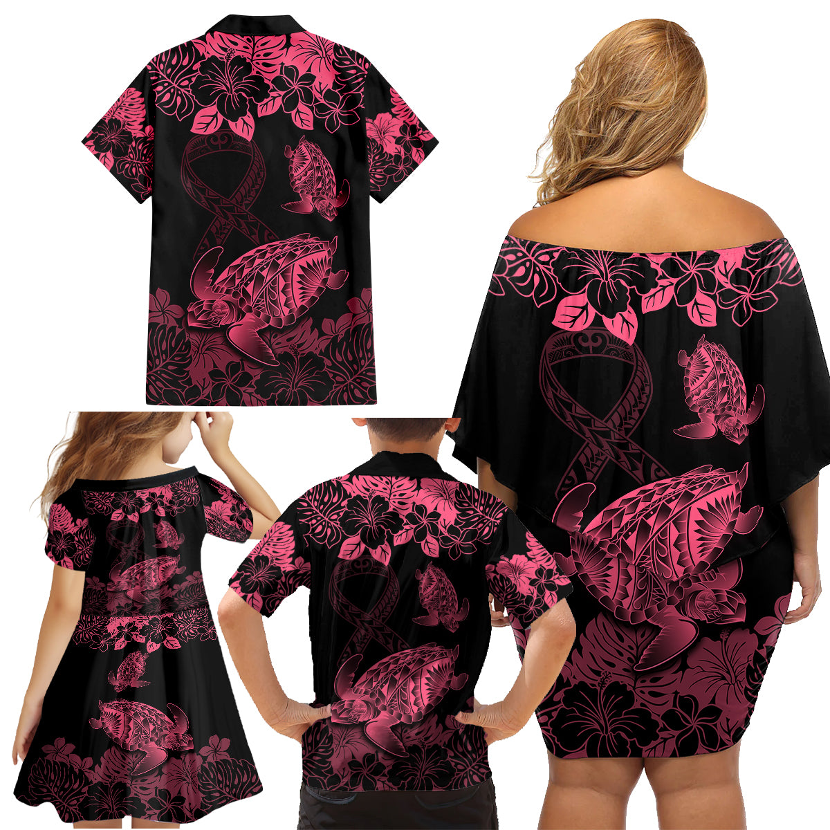 Personalised Polynesian Turtle Ribbon Family Matching Off Shoulder Short Dress and Hawaiian Shirt Think Pink Breast Cancer With Pacific Hibiscus LT9 - Wonder Print Shop