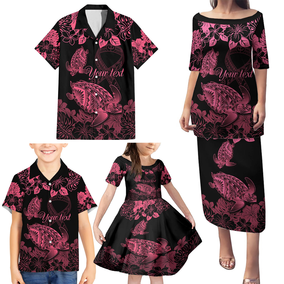 Personalised Polynesian Turtle Ribbon Family Matching Puletasi Dress and Hawaiian Shirt Think Pink Breast Cancer With Pacific Hibiscus - Wonder Print Shop