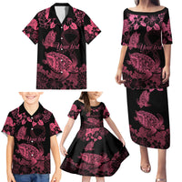 Personalised Polynesian Turtle Ribbon Family Matching Puletasi Dress and Hawaiian Shirt Think Pink Breast Cancer With Pacific Hibiscus - Wonder Print Shop