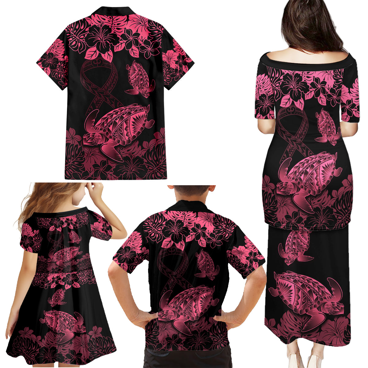 Personalised Polynesian Turtle Ribbon Family Matching Puletasi Dress and Hawaiian Shirt Think Pink Breast Cancer With Pacific Hibiscus - Wonder Print Shop