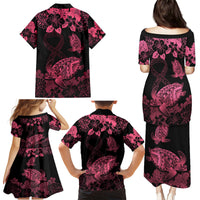 Personalised Polynesian Turtle Ribbon Family Matching Puletasi Dress and Hawaiian Shirt Think Pink Breast Cancer With Pacific Hibiscus - Wonder Print Shop