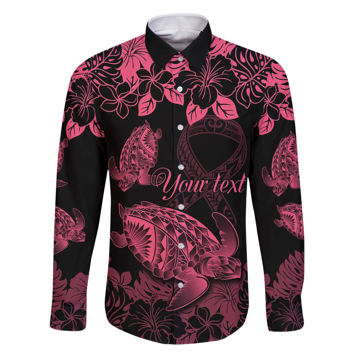 Personalised Polynesian Turtle Ribbon Family Matching Puletasi Dress and Hawaiian Shirt Think Pink Breast Cancer With Pacific Hibiscus - Wonder Print Shop