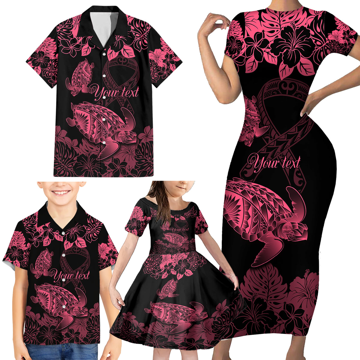 Personalised Polynesian Turtle Ribbon Family Matching Short Sleeve Bodycon Dress and Hawaiian Shirt Think Pink Breast Cancer With Pacific Hibiscus - Wonder Print Shop