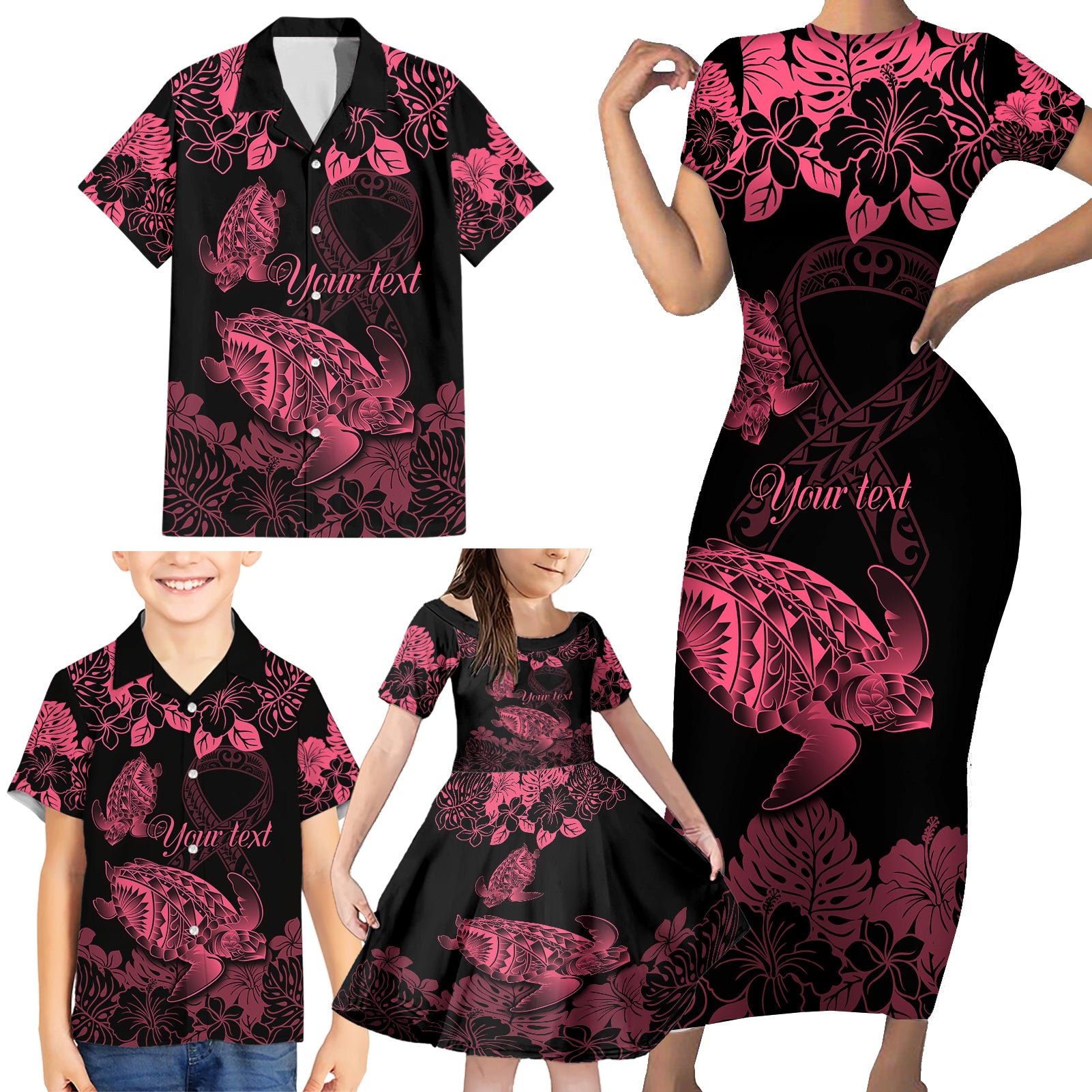 Personalised Polynesian Turtle Ribbon Family Matching Short Sleeve Bodycon Dress and Hawaiian Shirt Think Pink Breast Cancer With Pacific Hibiscus - Wonder Print Shop
