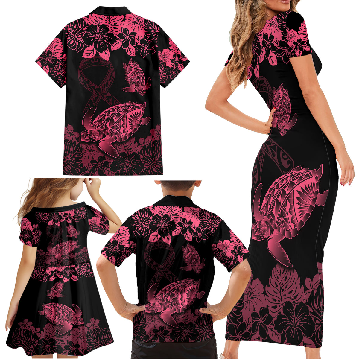 Personalised Polynesian Turtle Ribbon Family Matching Short Sleeve Bodycon Dress and Hawaiian Shirt Think Pink Breast Cancer With Pacific Hibiscus - Wonder Print Shop