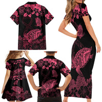 Personalised Polynesian Turtle Ribbon Family Matching Short Sleeve Bodycon Dress and Hawaiian Shirt Think Pink Breast Cancer With Pacific Hibiscus - Wonder Print Shop