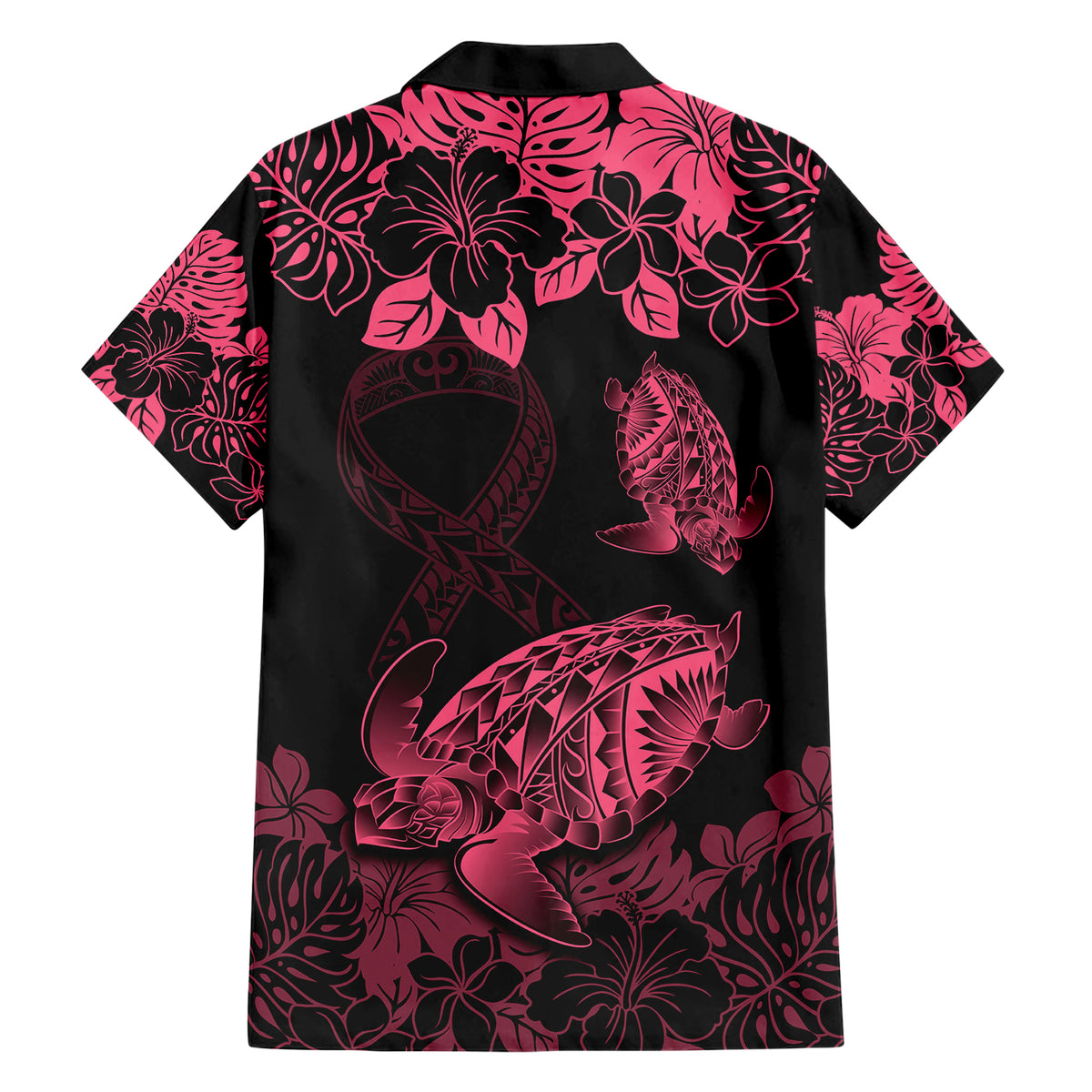 Personalised Polynesian Turtle Ribbon Family Matching Short Sleeve Bodycon Dress and Hawaiian Shirt Think Pink Breast Cancer With Pacific Hibiscus - Wonder Print Shop