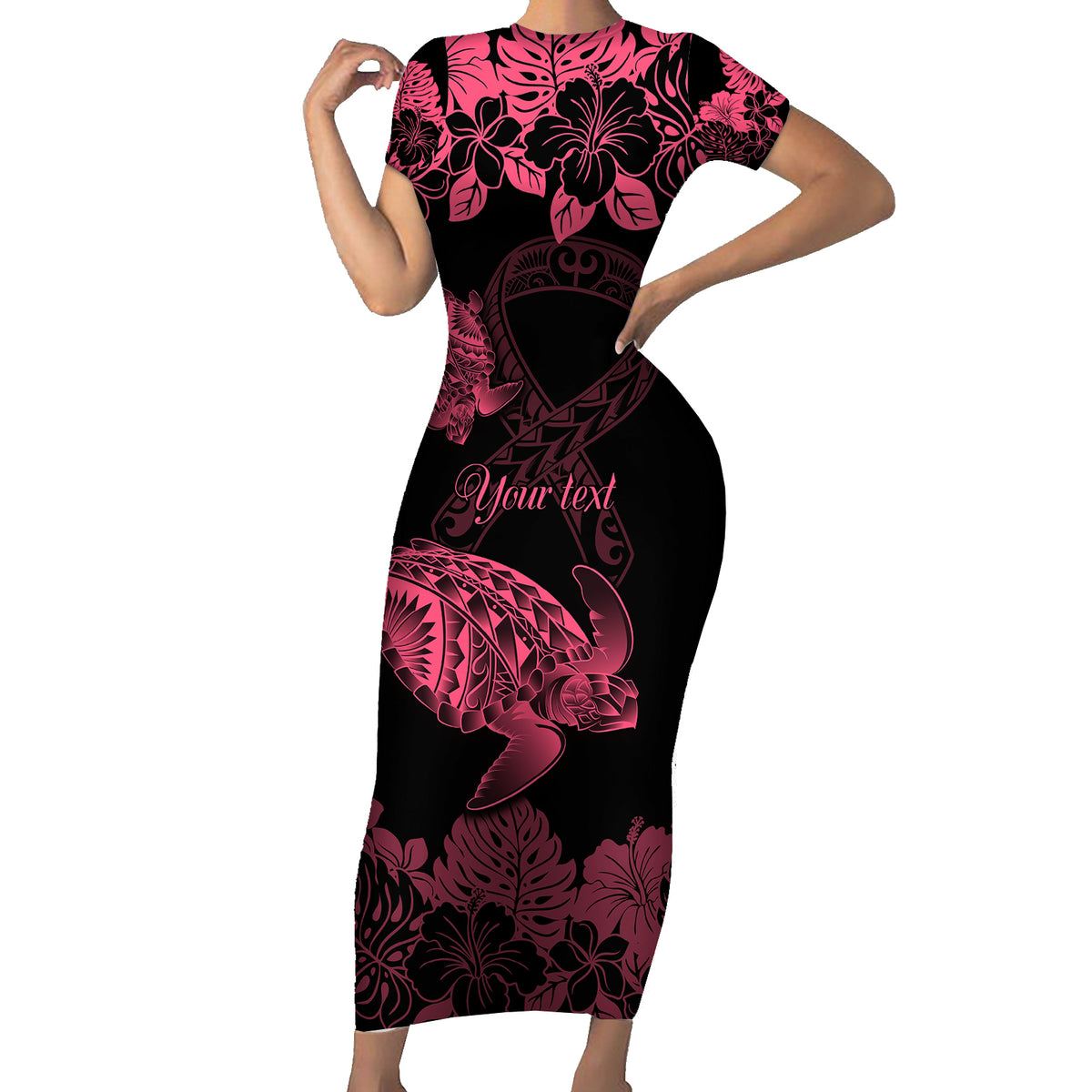 Personalised Polynesian Turtle Ribbon Family Matching Short Sleeve Bodycon Dress and Hawaiian Shirt Think Pink Breast Cancer With Pacific Hibiscus - Wonder Print Shop