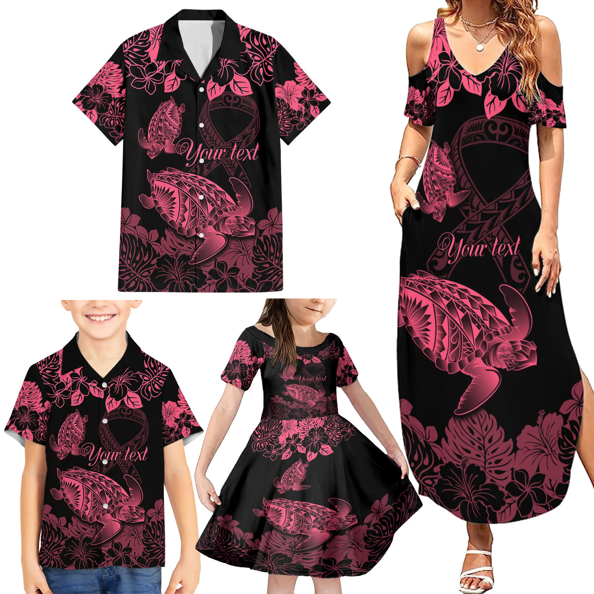 Personalised Polynesian Turtle Ribbon Family Matching Summer Maxi Dress and Hawaiian Shirt Think Pink Breast Cancer With Pacific Hibiscus - Wonder Print Shop