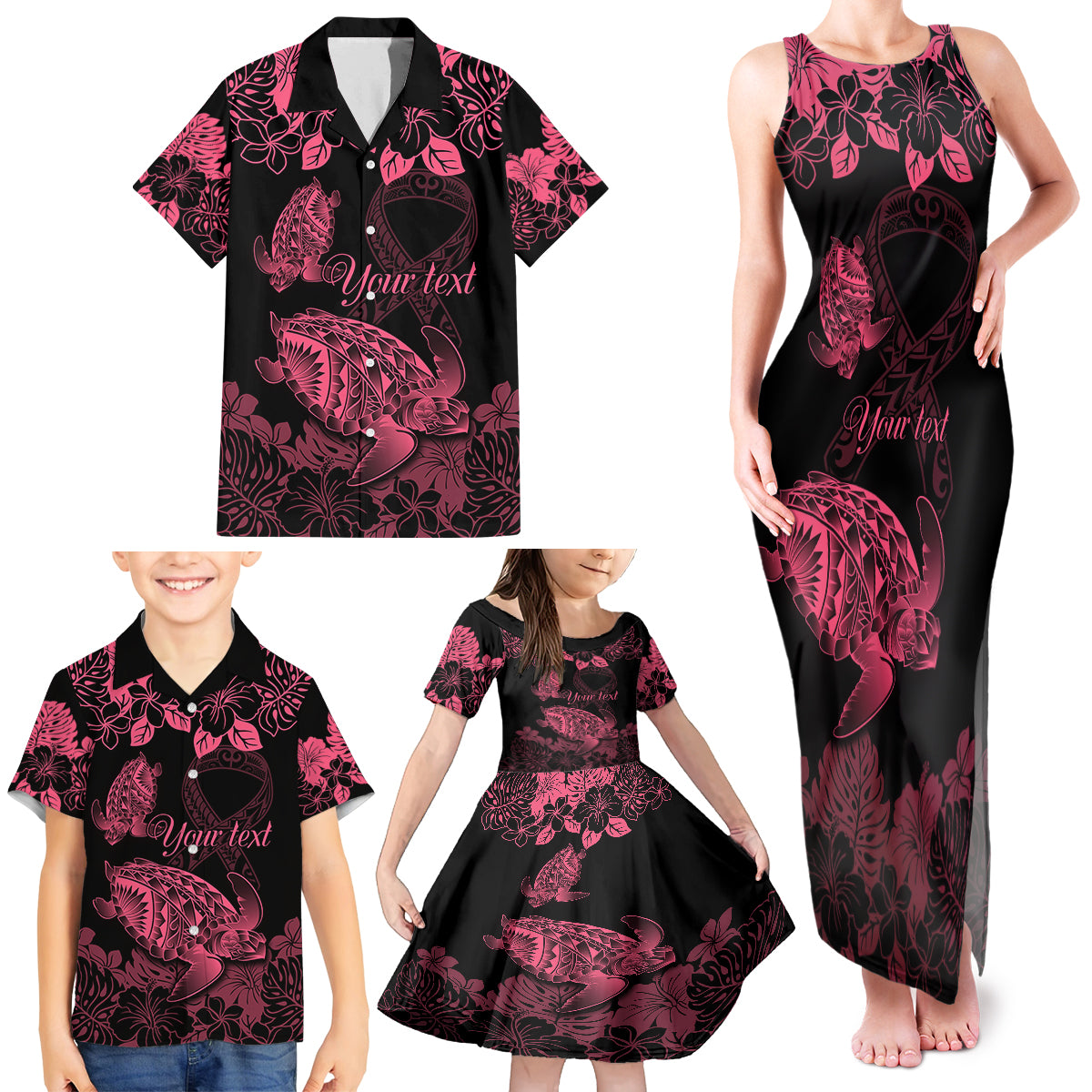 Personalised Polynesian Turtle Ribbon Family Matching Tank Maxi Dress and Hawaiian Shirt Think Pink Breast Cancer With Pacific Hibiscus - Wonder Print Shop