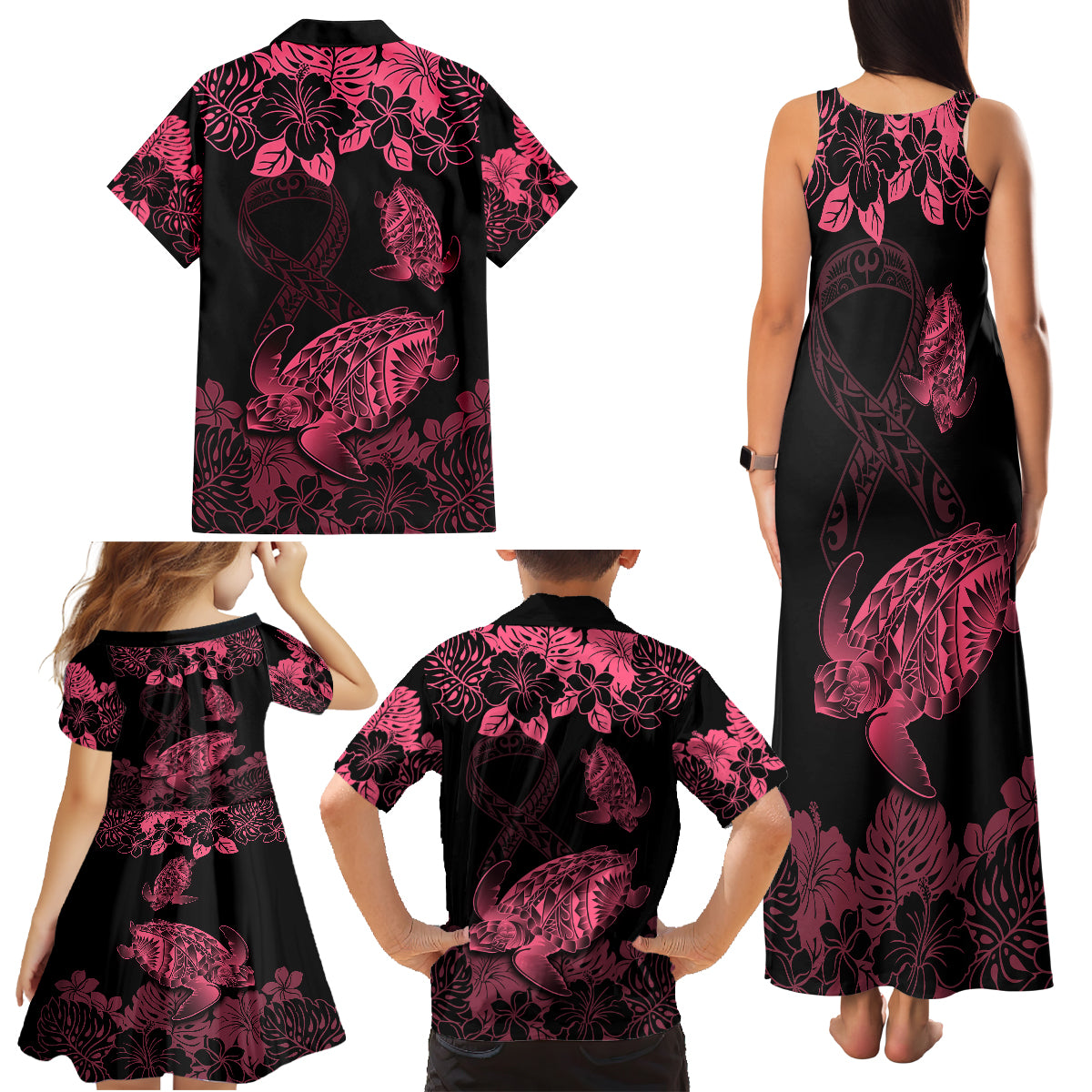 Personalised Polynesian Turtle Ribbon Family Matching Tank Maxi Dress and Hawaiian Shirt Think Pink Breast Cancer With Pacific Hibiscus - Wonder Print Shop