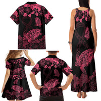 Personalised Polynesian Turtle Ribbon Family Matching Tank Maxi Dress and Hawaiian Shirt Think Pink Breast Cancer With Pacific Hibiscus - Wonder Print Shop