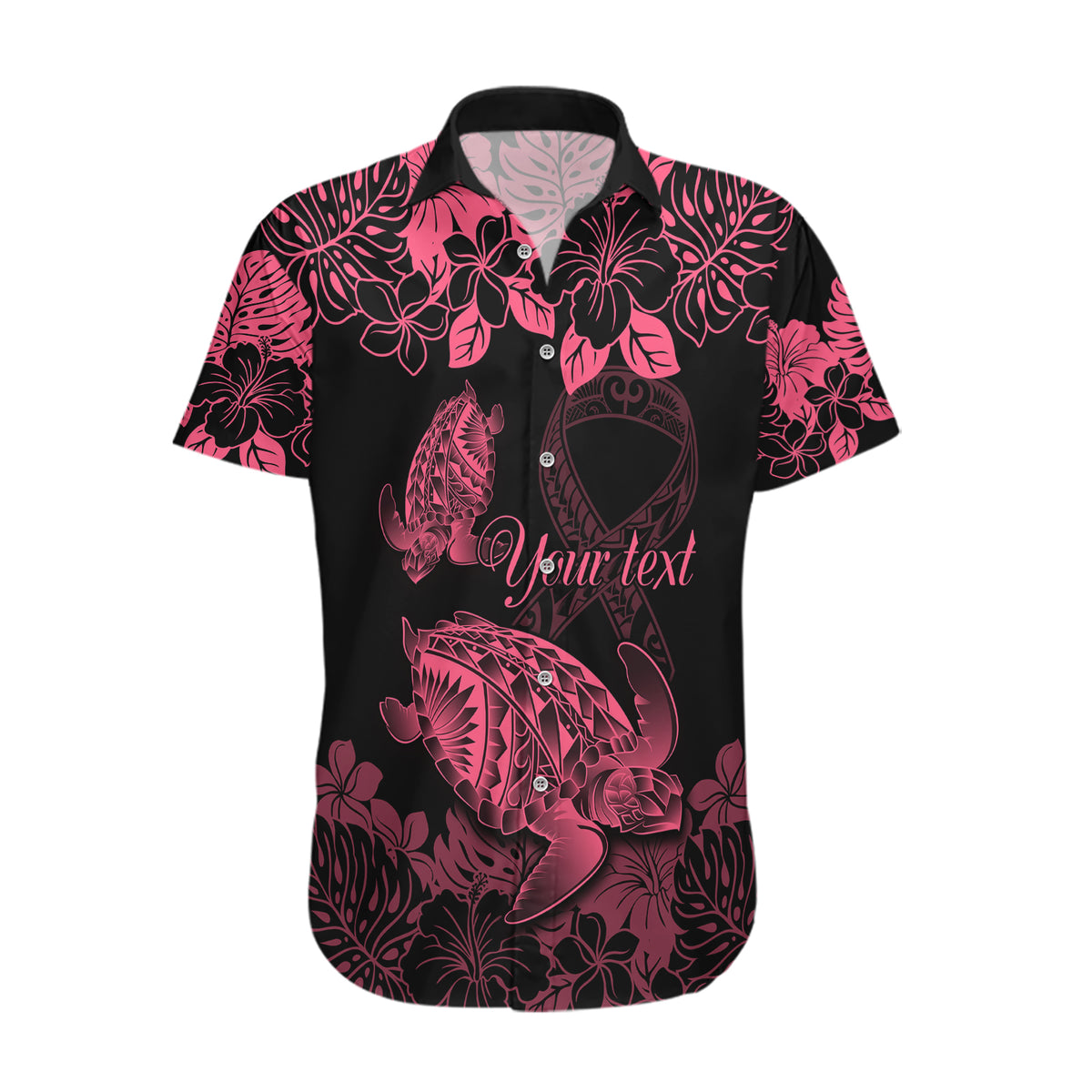 Personalised Polynesian Turtle Ribbon Hawaiian Shirt Think Pink Breast Cancer With Pacific Hibiscus - Wonder Print Shop