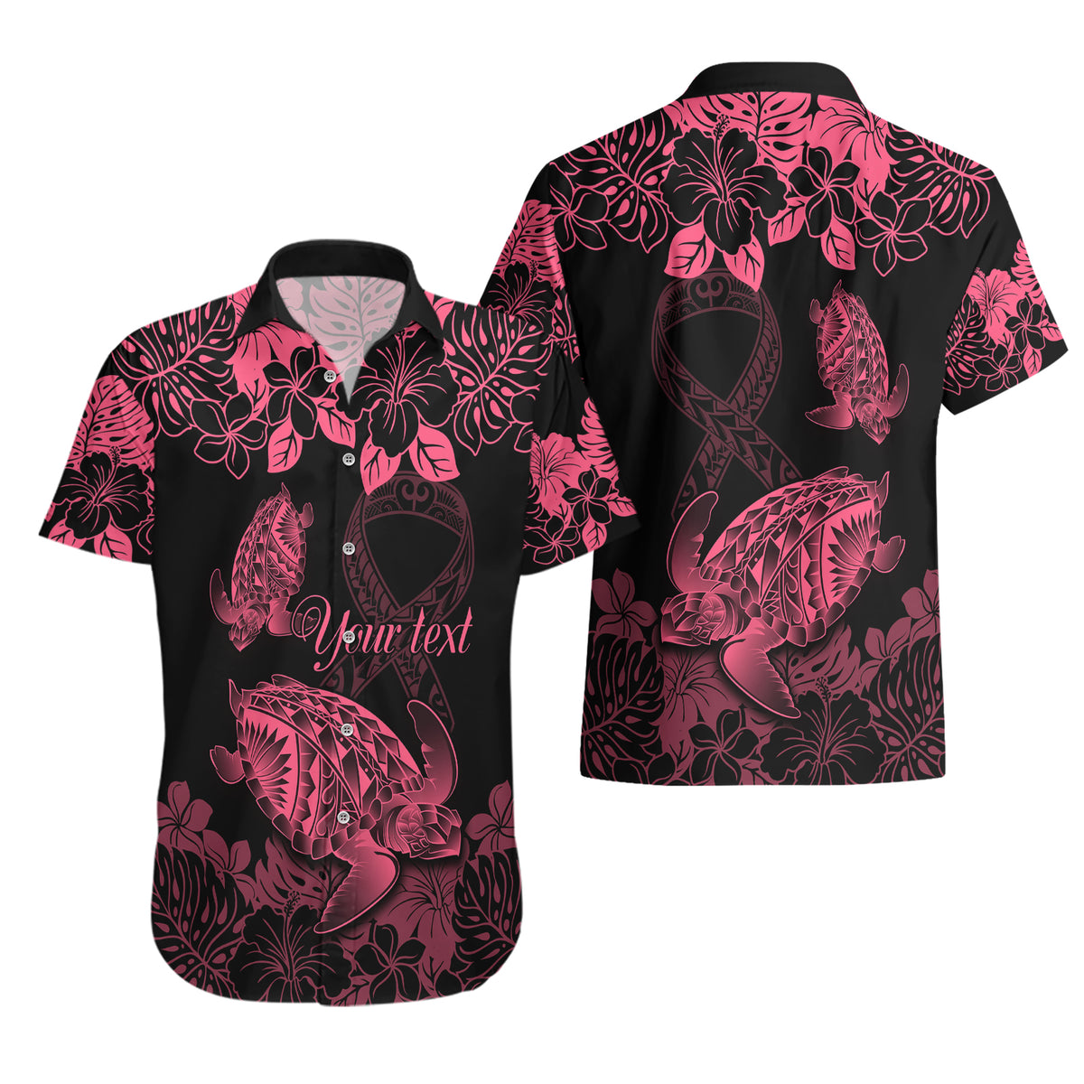 Personalised Polynesian Turtle Ribbon Hawaiian Shirt Think Pink Breast Cancer With Pacific Hibiscus - Wonder Print Shop