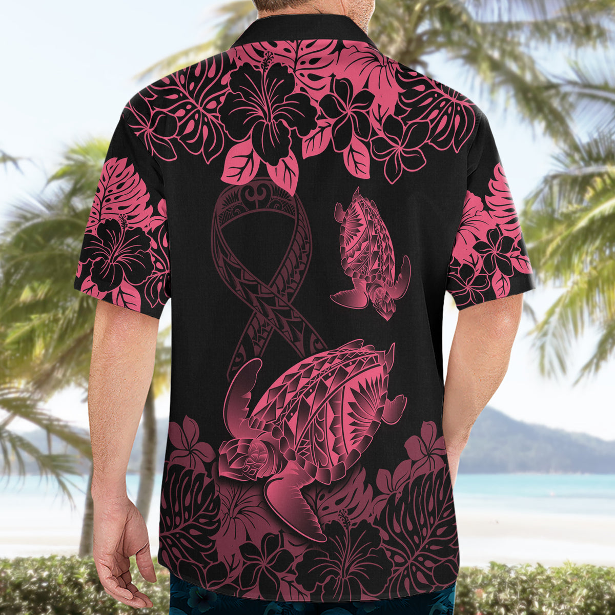 Personalised Polynesian Turtle Ribbon Hawaiian Shirt Think Pink Breast Cancer With Pacific Hibiscus - Wonder Print Shop