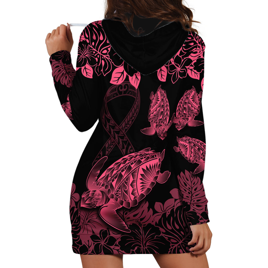 Personalised Polynesian Turtle Ribbon Hoodie Dress Think Pink Breast Cancer With Pacific Hibiscus - Wonder Print Shop