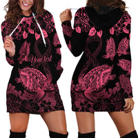 Personalised Polynesian Turtle Ribbon Hoodie Dress Think Pink Breast Cancer With Pacific Hibiscus - Wonder Print Shop