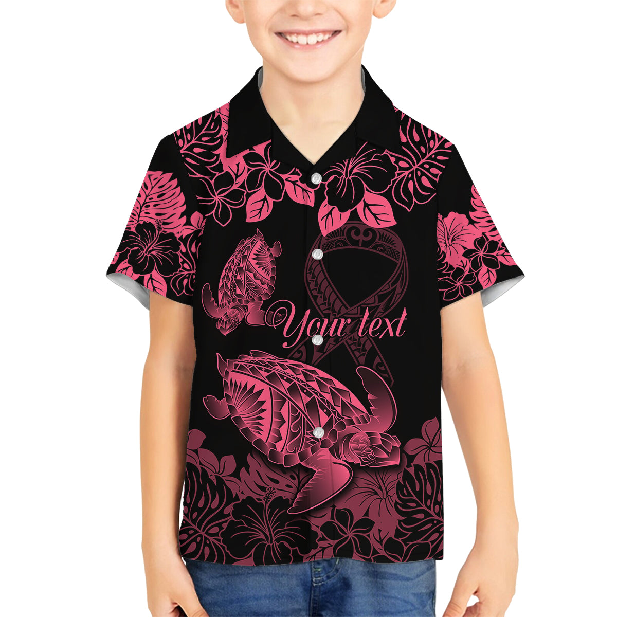 Personalised Polynesian Turtle Ribbon Kid Hawaiian Shirt Think Pink Breast Cancer With Pacific Hibiscus - Wonder Print Shop