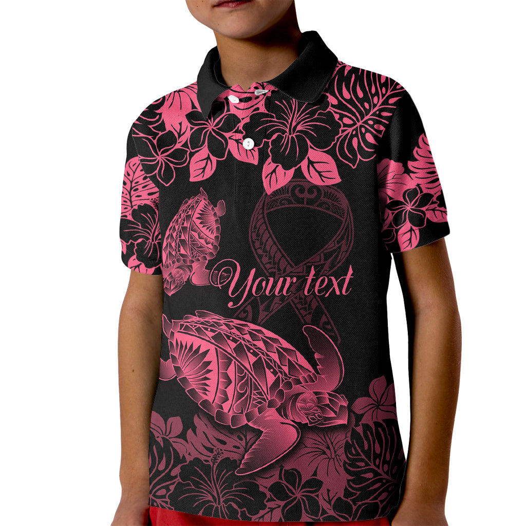 Personalised Polynesian Turtle Ribbon Kid Polo Shirt Think Pink Breast Cancer With Pacific Hibiscus - Wonder Print Shop