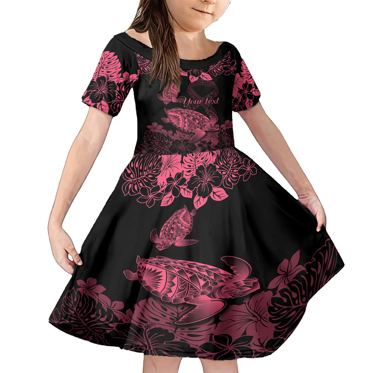 Personalised Polynesian Turtle Ribbon Kid Short Sleeve Dress Think Pink Breast Cancer With Pacific Hibiscus - Wonder Print Shop