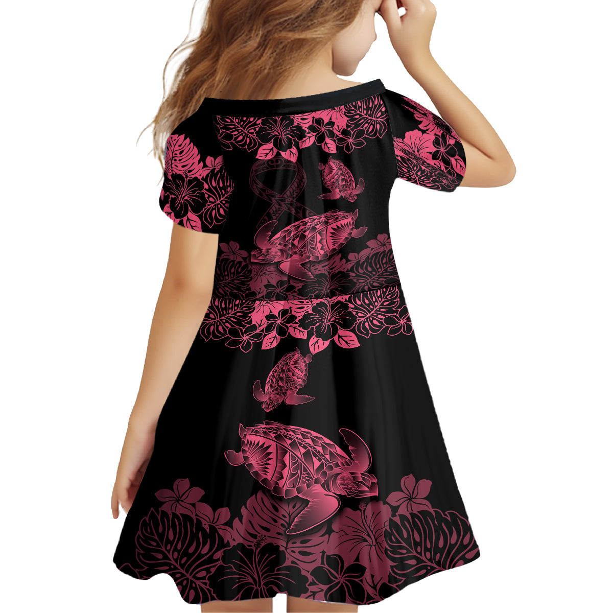 Personalised Polynesian Turtle Ribbon Kid Short Sleeve Dress Think Pink Breast Cancer With Pacific Hibiscus - Wonder Print Shop
