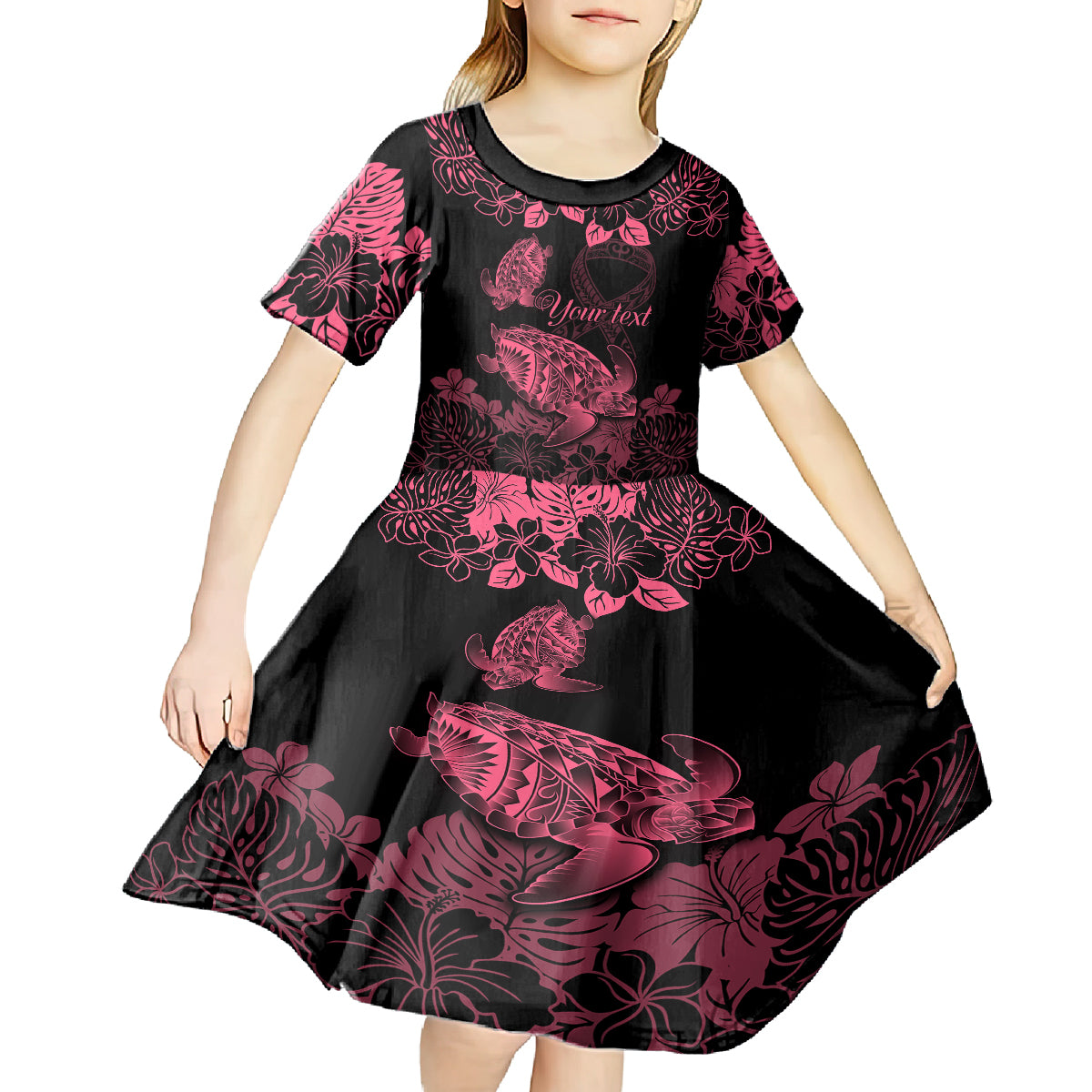 Personalised Polynesian Turtle Ribbon Kid Short Sleeve Dress Think Pink Breast Cancer With Pacific Hibiscus - Wonder Print Shop