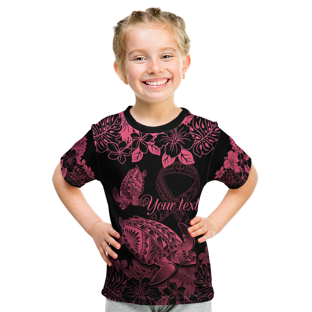 Personalised Polynesian Turtle Ribbon Kid T Shirt Think Pink Breast Cancer With Pacific Hibiscus - Wonder Print Shop