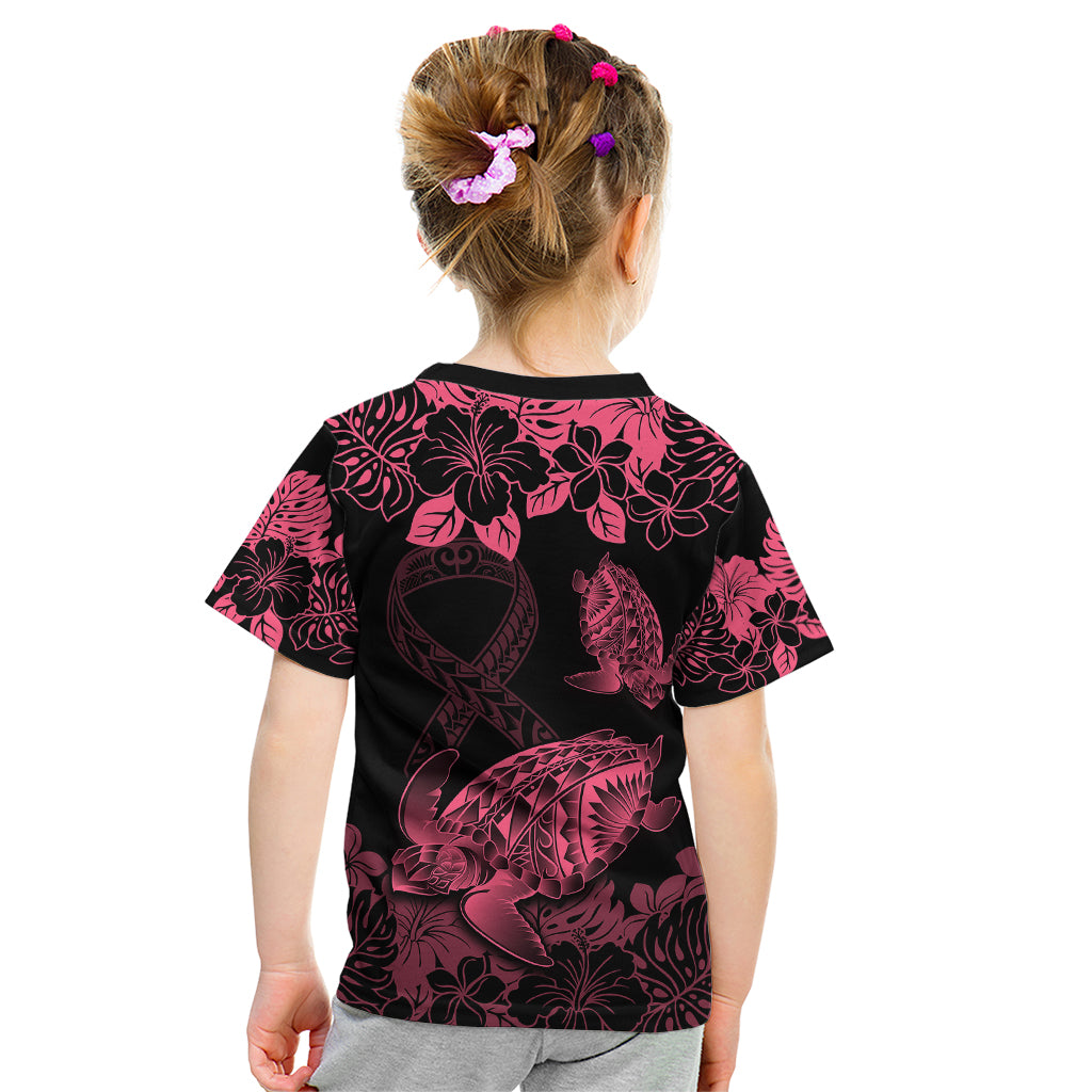 Personalised Polynesian Turtle Ribbon Kid T Shirt Think Pink Breast Cancer With Pacific Hibiscus - Wonder Print Shop