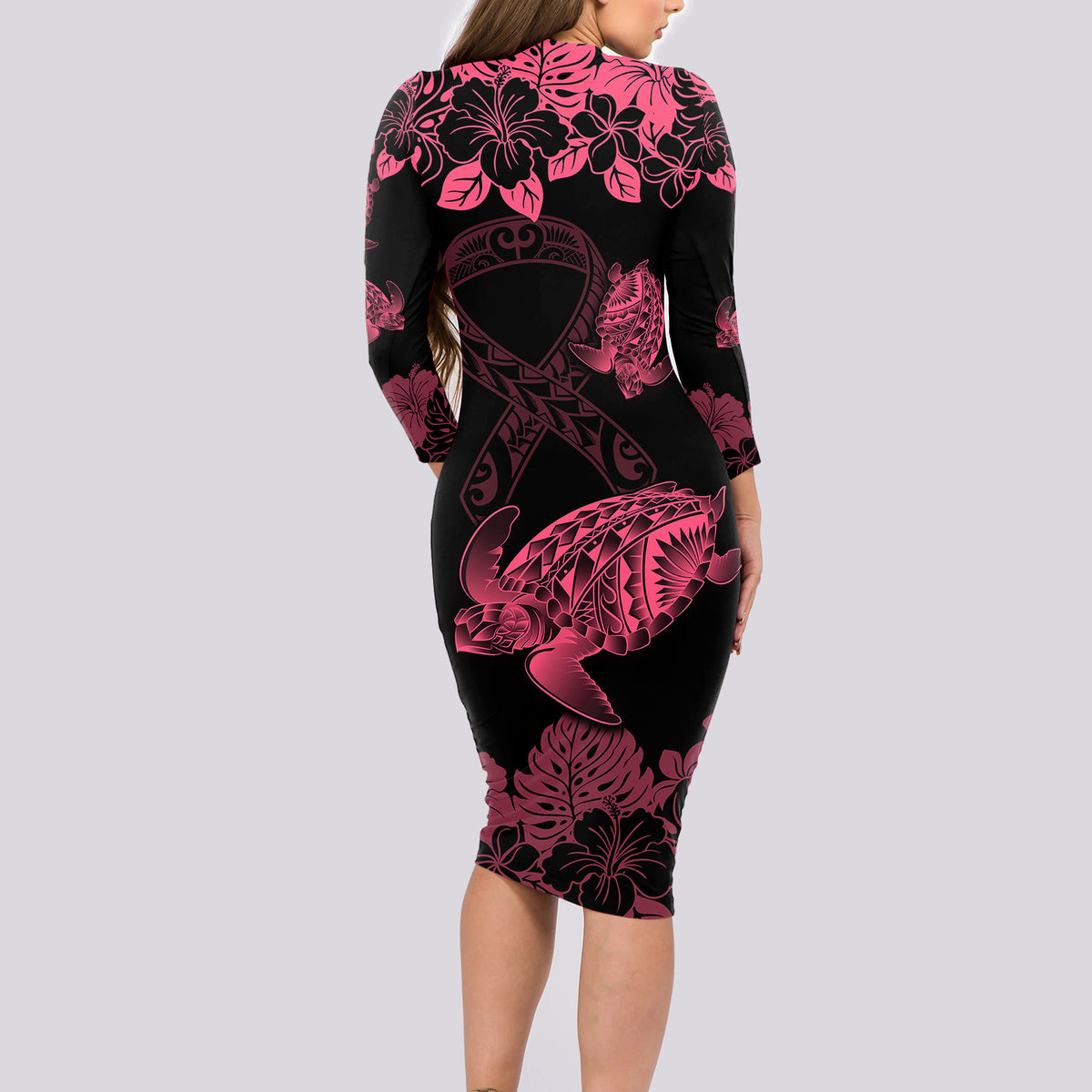 Personalised Polynesian Turtle Ribbon Long Sleeve Bodycon Dress Think Pink Breast Cancer With Pacific Hibiscus - Wonder Print Shop