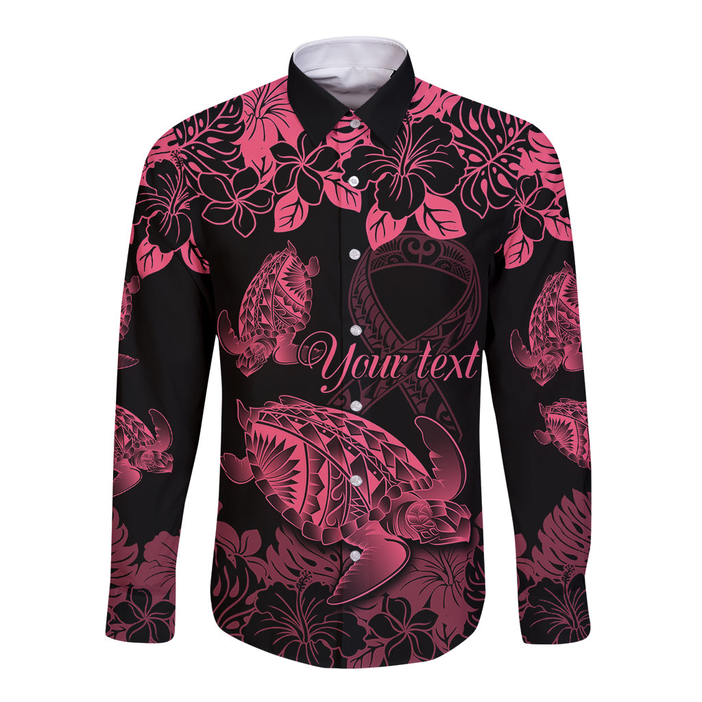 Personalised Polynesian Turtle Ribbon Long Sleeve Button Shirt Think Pink Breast Cancer With Pacific Hibiscus - Wonder Print Shop