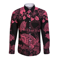 Personalised Polynesian Turtle Ribbon Long Sleeve Button Shirt Think Pink Breast Cancer With Pacific Hibiscus - Wonder Print Shop
