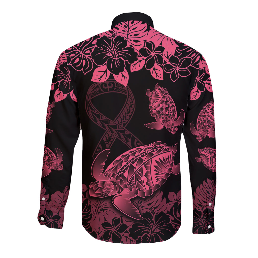 Personalised Polynesian Turtle Ribbon Long Sleeve Button Shirt Think Pink Breast Cancer With Pacific Hibiscus - Wonder Print Shop