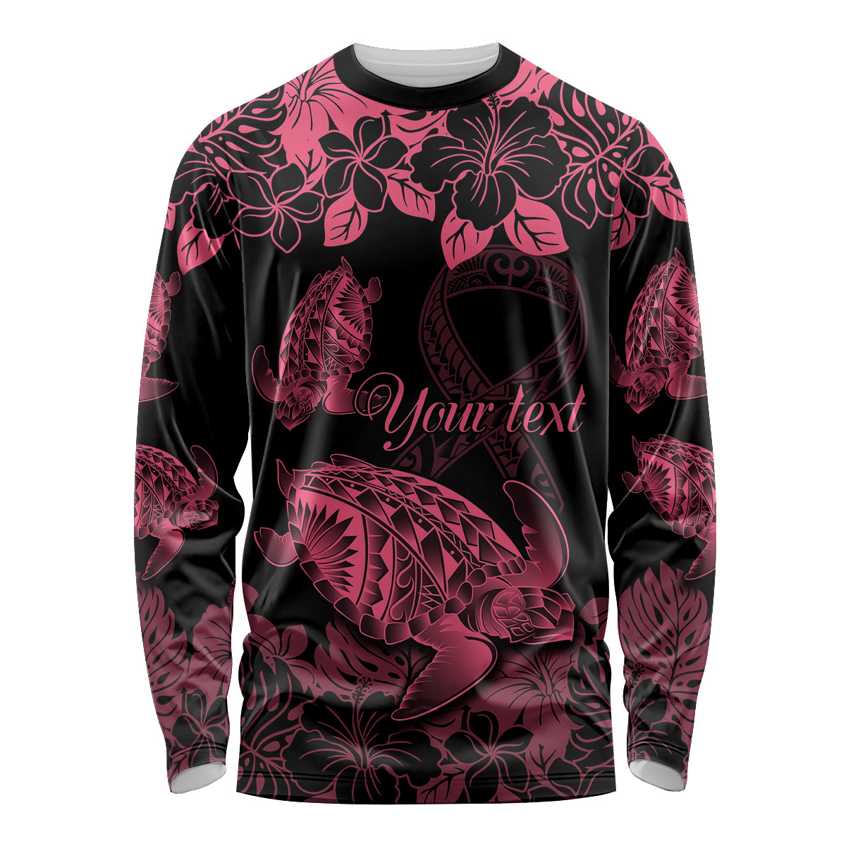 Personalised Polynesian Turtle Ribbon Long Sleeve Shirt Think Pink Breast Cancer With Pacific Hibiscus - Wonder Print Shop