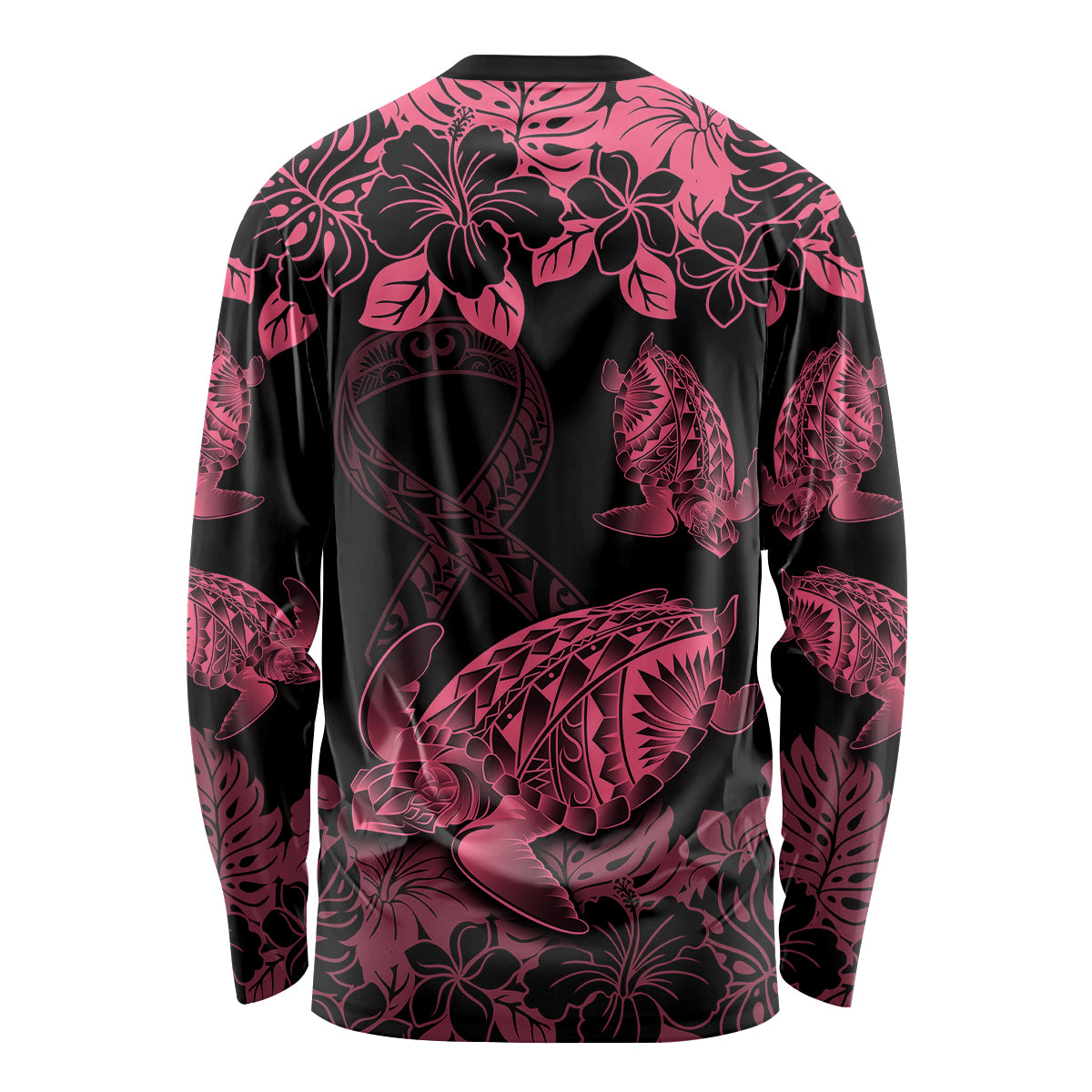 Personalised Polynesian Turtle Ribbon Long Sleeve Shirt Think Pink Breast Cancer With Pacific Hibiscus - Wonder Print Shop