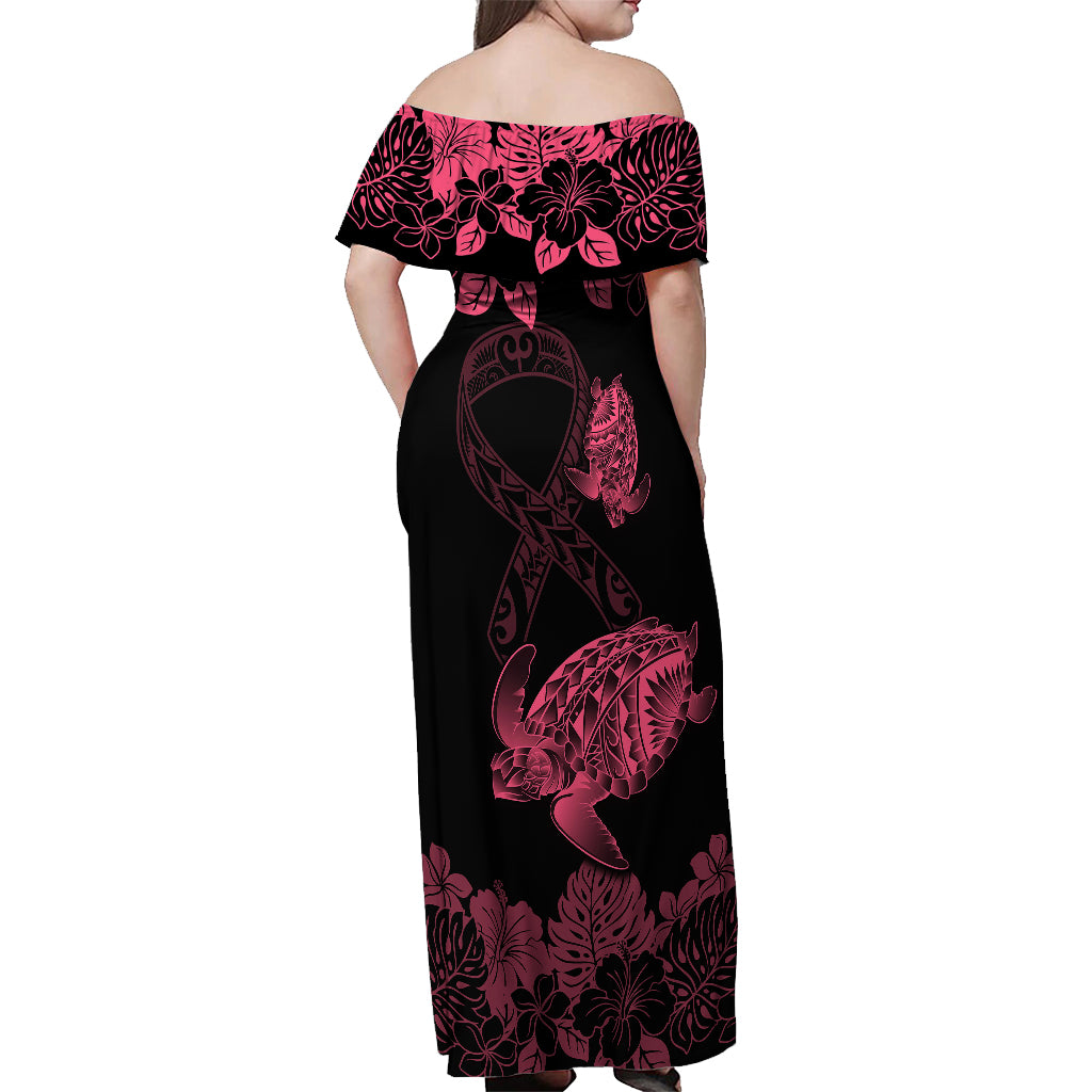 Personalised Polynesian Turtle Ribbon Off Shoulder Maxi Dress Think Pink Breast Cancer With Pacific Hibiscus - Wonder Print Shop