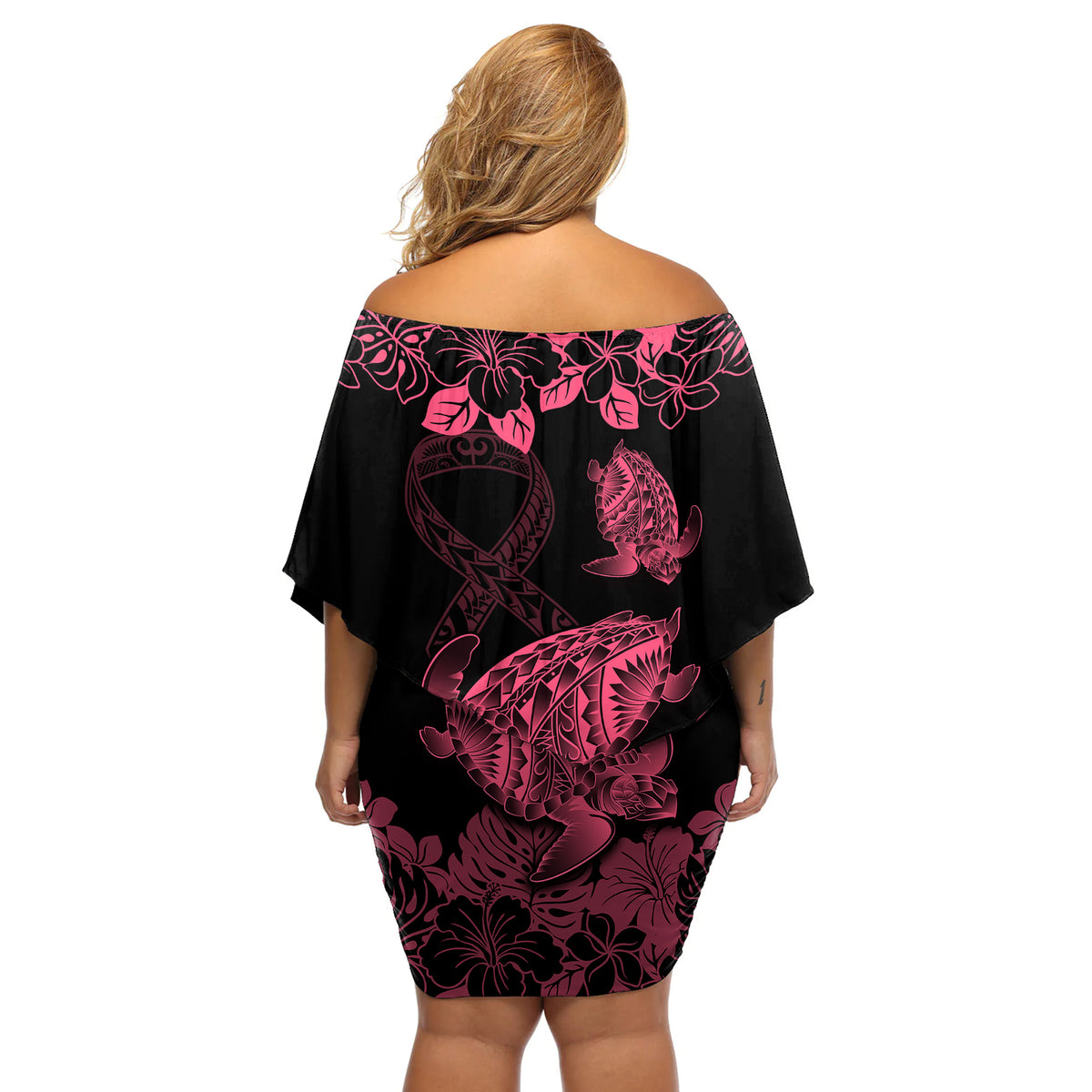 Personalised Polynesian Turtle Ribbon Off Shoulder Short Dress Think Pink Breast Cancer With Pacific Hibiscus - Wonder Print Shop