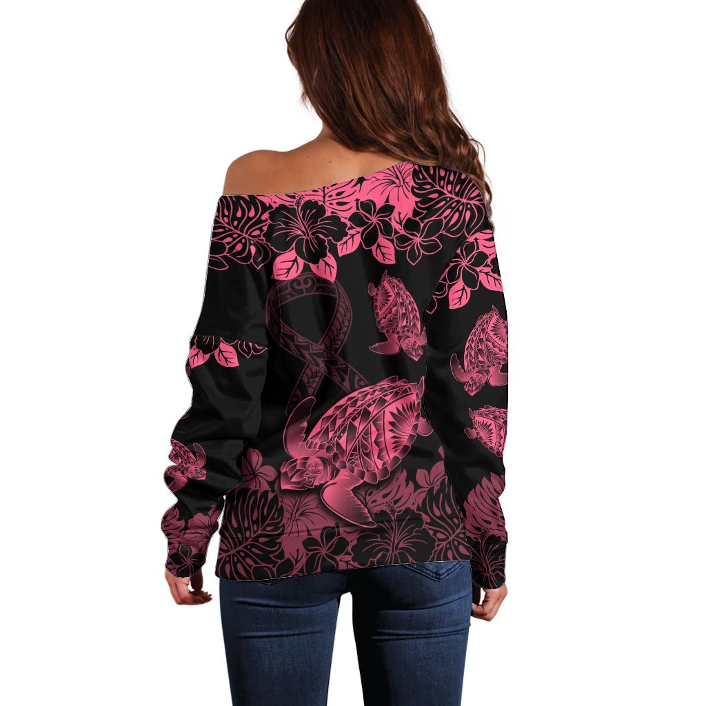 Personalised Polynesian Turtle Ribbon Off Shoulder Sweater Think Pink Breast Cancer With Pacific Hibiscus - Wonder Print Shop