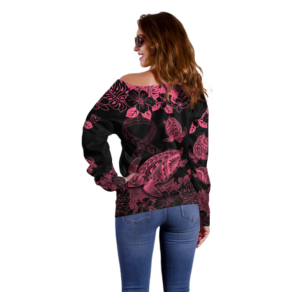 Personalised Polynesian Turtle Ribbon Off Shoulder Sweater Think Pink Breast Cancer With Pacific Hibiscus - Wonder Print Shop