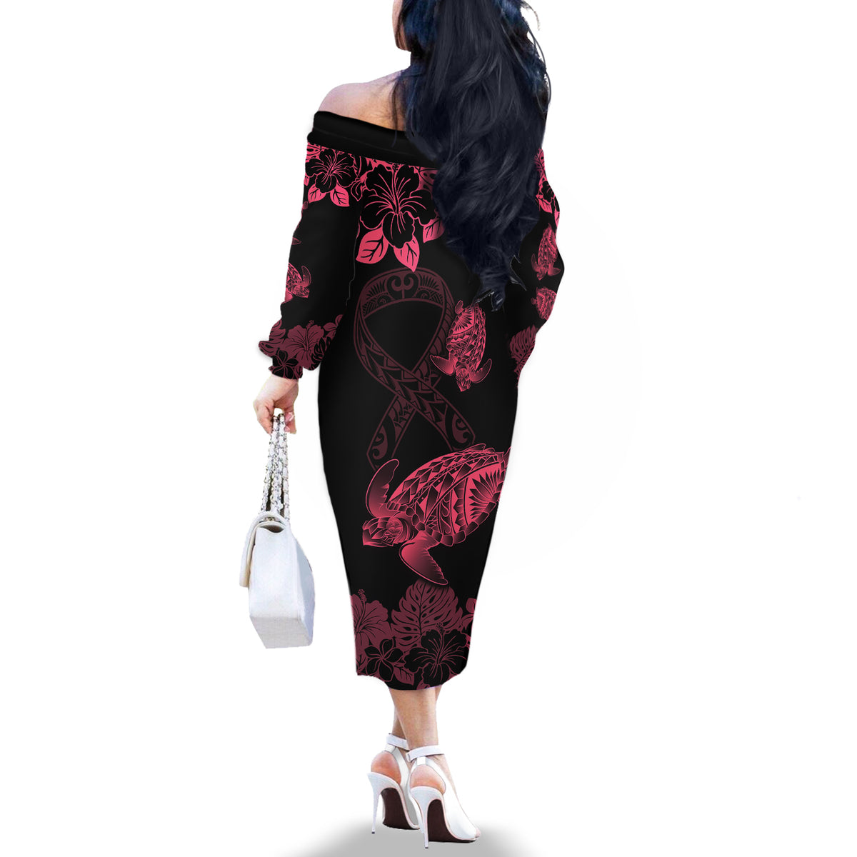 Personalised Polynesian Turtle Ribbon Off The Shoulder Long Sleeve Dress Think Pink Breast Cancer With Pacific Hibiscus - Wonder Print Shop