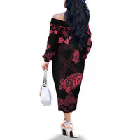 Personalised Polynesian Turtle Ribbon Off The Shoulder Long Sleeve Dress Think Pink Breast Cancer With Pacific Hibiscus - Wonder Print Shop