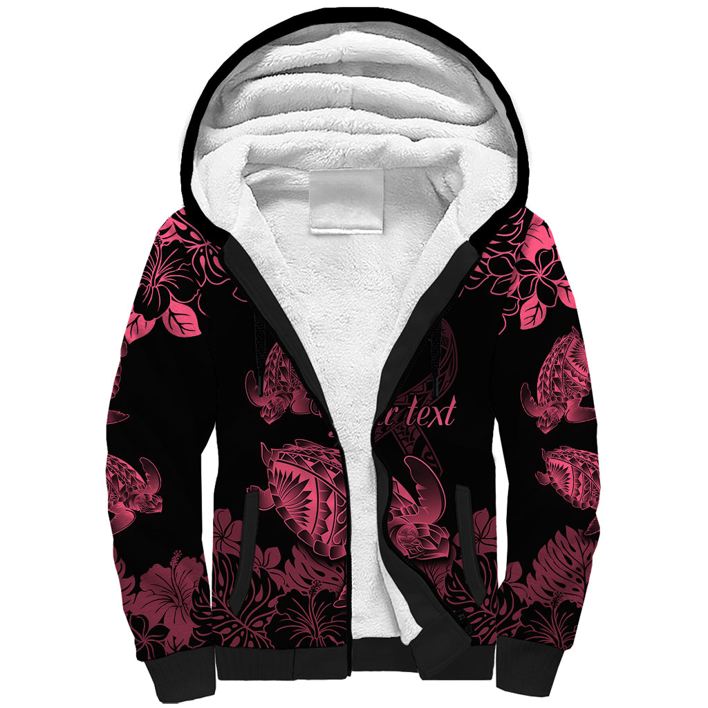 Personalised Polynesian Turtle Ribbon Sherpa Hoodie Think Pink Breast Cancer With Pacific Hibiscus - Wonder Print Shop