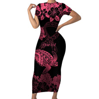 Personalised Polynesian Turtle Ribbon Short Sleeve Bodycon Dress Think Pink Breast Cancer With Pacific Hibiscus - Wonder Print Shop