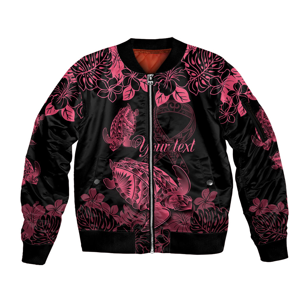 Personalised Polynesian Turtle Ribbon Sleeve Zip Bomber Jacket Think Pink Breast Cancer With Pacific Hibiscus - Wonder Print Shop