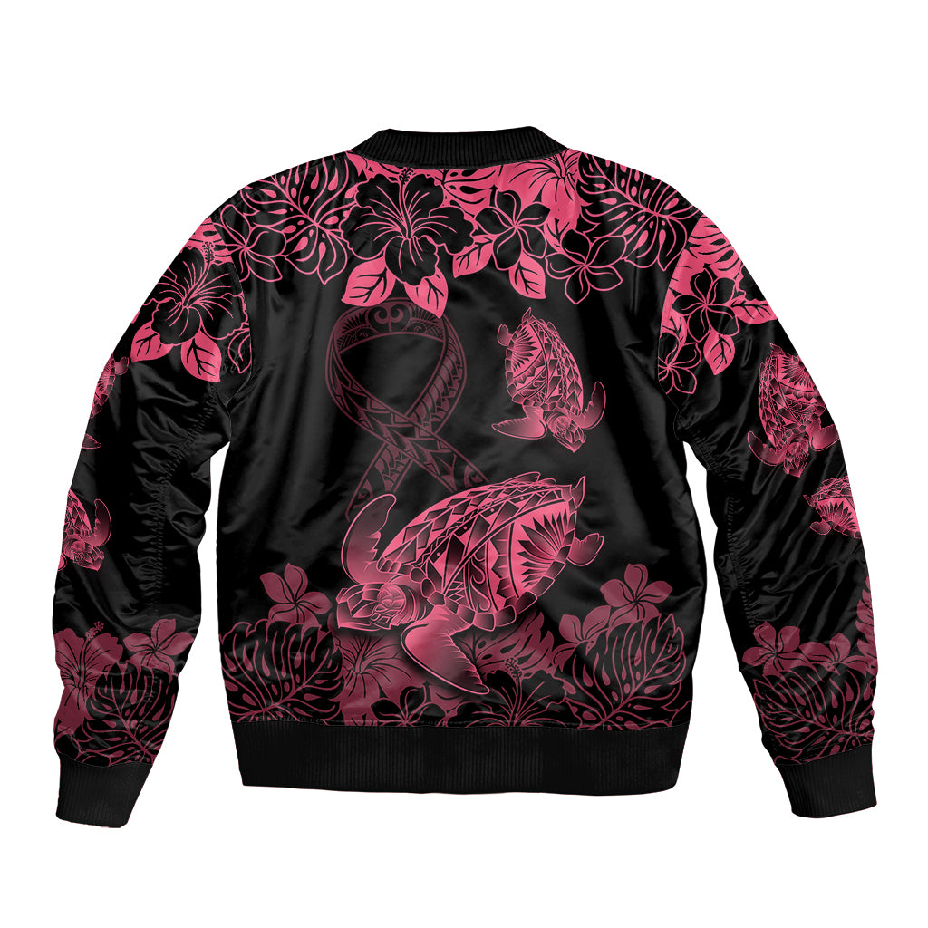 Personalised Polynesian Turtle Ribbon Sleeve Zip Bomber Jacket Think Pink Breast Cancer With Pacific Hibiscus - Wonder Print Shop