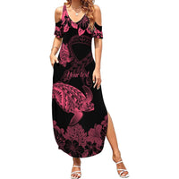 Personalised Polynesian Turtle Ribbon Summer Maxi Dress Think Pink Breast Cancer With Pacific Hibiscus - Wonder Print Shop